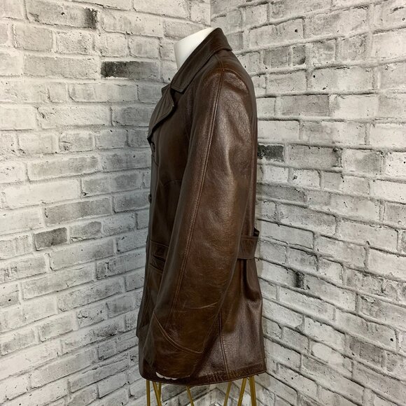 Vintage 70s Chocolate Brown Leather Retro Jacket Trench Coat Overcoat - Picture 6 of 16